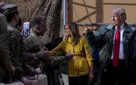 US President Donald Trump and First Lady Melania Trump greet American soldiers at Iraq's al-Asad airbase on December 26, 2018. Photo: Andrew Harnik/AP