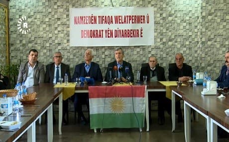 Independent Kurdish politician Bayram Bozyel speaks to journalists in Diyarbakir, Turkey. He is a member of the Kurdistan Socialist Party, but not on their election list.