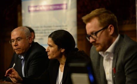 SDC co-chair Ilham Ahmed delivers remarks on the situation in northeastern Syria at an event in the British Parliament in London, England, February 20, 2019. Photo: Ali Haydar / Kurdish Progress 