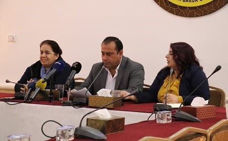Abdul Hamid al-Mehbash, a co-chair of the Executive Council of the Autonomous Administration of North and East Syria, reads a statement to reporters in Ayn Issa, Syria, on March 2, 2019. Photo: SDF Press 