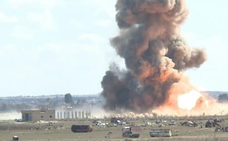 Major explosions rock Baghouz, a tiny hamlet near the border between Syria and Iraq where ISIS been making a desperate last stand against Kurdish-led forces on March 4, 2019. Photo: AFP video