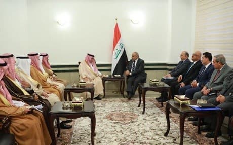 Iraqi Prime Minister Adil Abdul-Mahdi (centre right) received a Saudi delegation headed by Minister of Commerce and Investment Majid bin Abdullah al-Qasabi and Minister for Gulf Affairs Thamer al-Sabhan in Baghdad on March 14, 2019. Photo: PM office/handout