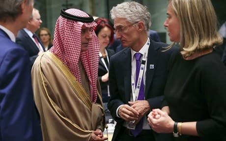 Saudi Arabia's Foreign Minister Adel al-Jubeir, left, talks to UN Under-Secretary-General for Humanitarian Affairs Mark Lowcock, centre, and European Union foreign policy chief Federica Mogherini, right, during a Syria donors conference at the European Council headquarters in Brussels on March 14, 2019. Photo: Francisco Seco/AP