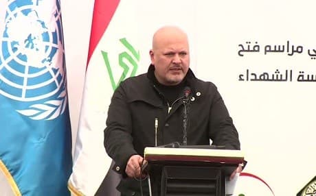 UNITAD head Karim Khan speaks at a ceremony prior to the exhumation of the first Yezidi mass give grave in the town of Kocho on March 15, 2018. Photo: Rudaw TV