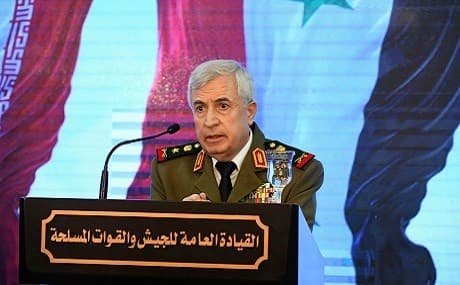 Syrian Defence Minister Ali Abdullah Ayyoub addresses a press conference in Damascus, March 18, 2019. Photo: AFP / HO / SANA