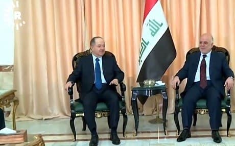 KDP President Masoud Barzani (left) meets with Nasr alliance leader Haider al-Abadi in Baghdad on November 23, 2018. File photo: Rudaw TV