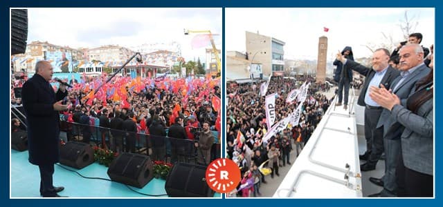 AKP leader Recep Tayyip Erdogan and HDP co-chair Sezai Temelli encourage support at separate rallies ahead of Turkish elections on March 30, 2019. Composite photo: Rudaw via AKP/HDP