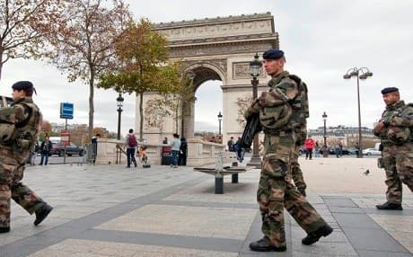 French soldiers patrol beside the Arc de Triomphe in Paris following the November 2015 terrorist attacks. File photo: AP 