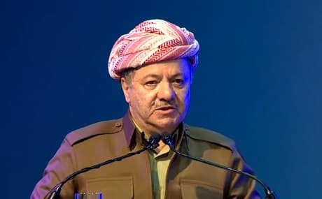 KDP leader Masoud Barzani addresses the inauguration of a book fair in Erbil, April 3, 2019. Photo: Rudaw TV