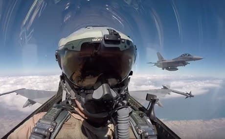 Iraqi pilots demonstrate the Iraqi Air Force's newly delivered F-16 fighter jets, April 6, 2019. Photo: Iraqi Defense Ministry media office / video still