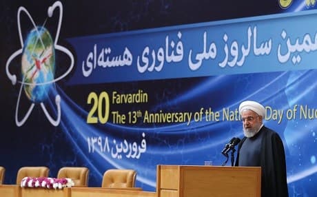 Iranian President Hassan Rouhani gives a speech at a National Nuclear Technology Day event where he unveiled 114 new achievements. Photo: handout/Iranian presidency