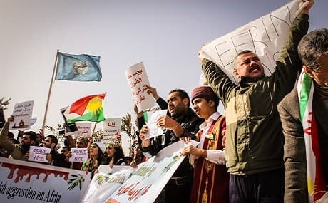 Protesters rally outside the UN compound in Erbil calling on the international community to halt Turkey's invasion of Afrin, January 2018. File photo: Robert Edwards / Rudaw 