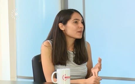 Merve Tahiroglu, research analyst at the Foundation for Defense of Democracies, gestures while making a point as a guest on The Washington Perspective on May 3, 2019. Photo: Rudaw