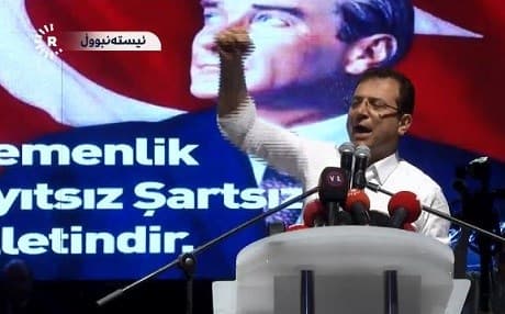 Republican People’s Party (CHP)'s Ekrem Imamoglu, who won the Istanbul election, gestures during a speech to supporters after Turkey's top electoral body ordered a re-do of the mayoral election. Photo: Rudaw TV