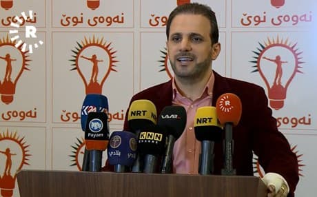 Shaswar Abdulwahid, the leader and founder of the New Generation, responds after security forces released confessions of his party members of organized blackmail and defamation at a press conference in Sulaimani, Kurdistan Region, on May 10, 2019. Photo: Rudaw TV