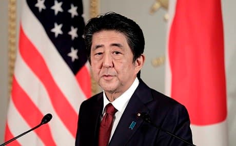 Japan’s Prime Minister Shinzo Abe speaks during a joint press conference with US President Donald Trump at Akasaka Palace in Tokyo, May 27, 2019. Photo: Kiyoshi Ota / pool / AFP