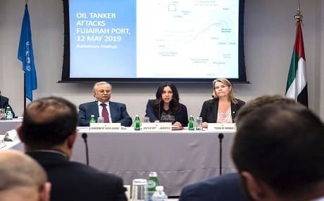 Permanent representatives to the United Nations including the UAE's Lana Nusseibeh (center), Norway's Mona Juul (right) and Saudi Arabia's Samir S. Shihabi brief reporters in New York on June 6, 2019. Photo: UAE Mission to UN