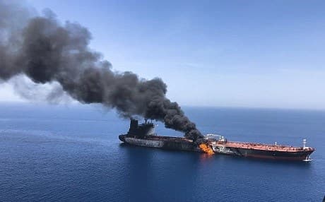 An oil tanker is on fire in the sea of Oman, Thursday, June 13, 2019. Photo: AP/ISNA