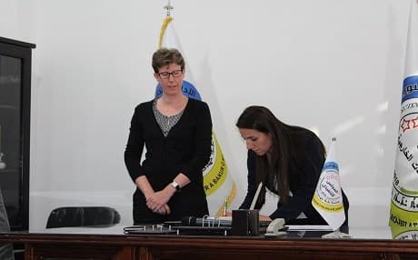 Sophie Karlshausen (left), the deputy head of Belgium's mission to Iraq, looks on as steps towards repatriating children in Ain Issa, Syria, on June 13, 2019. Photo: NES