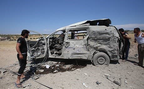 A destroyed ambulance pictured after it was targeted in a reported regime airstrike in the town of Maaret al-Numan, northwest Syria, June 20, 2019. Photo: Abdulaziz Ketaz / AFP 