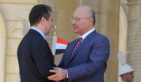 President Barham Salih (right) greets Prime Minister of Kurdistan Regional Government (KRG) Masrour Barzani at the Presidential Office in Baghdad. Photo: Barham Salih