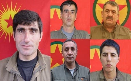 Deceased PKK members Sarhat Amanos (Emrullah Dursun), Sinane Sor (Ali Aktash), Navdar Sinegir (Mikail Ozdemir), Serhat Shafak (Vehip Tekin) and Shiyar Farahinin (Celal Ozturk) as announced by Kurdistan Workers’ Party media on July 17, 2019. Photo: ANF News