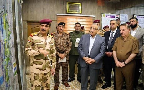 Iraqi Prime Minister Adil Abdul-Mahdi (center) is flanked by security, intelligence and military leaders while being briefed by Will of Victory commander Lt. Gen Abdul Amir Rasheed Yarallah. Photo: Iraqi PMO