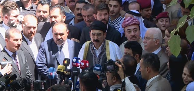 Hazhim Tahsin Beg prepares to give a speech to reporters in Sheikhan, Duhok Province, Iraqi Kurdistan Region, after becoming the Yezidi spiritual leader (Mir) on July 27, 2019. Photo: Rudaw