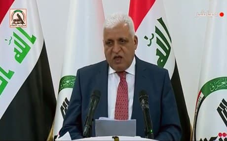 Falih Alfayyadh, Iraq's National Security Advisor and the head of the Hashd al-Shaabi committee, speaks to reporters in Baghdad on July 30, 2019. Photo: Alfayyadh FB