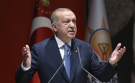 Turkey's President Recep Tayyip Erdogan addresses his ruling party members, in Ankara, Turkey, Friday, July 26, 2019. Photo: Presidential Press Service / pool / AP 