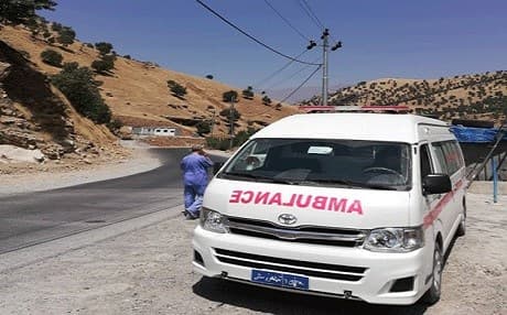 An ambulance waiting outside the village of Bole on August 19, 2019 after a Turkish airstrike. Medical personnel could not retrieve the wounded due to Turkish jets still flying overhead. Photo: Rudaw 