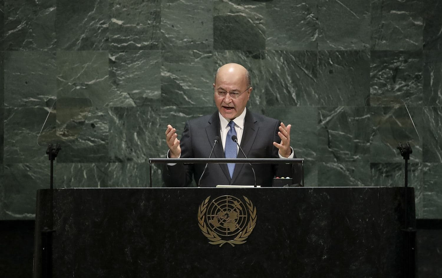 President of Iraq Barham Salih addresses the United Nations General Assembly at UN headquarters, September 25, 2019. Photo: Drew Angerer / AFP