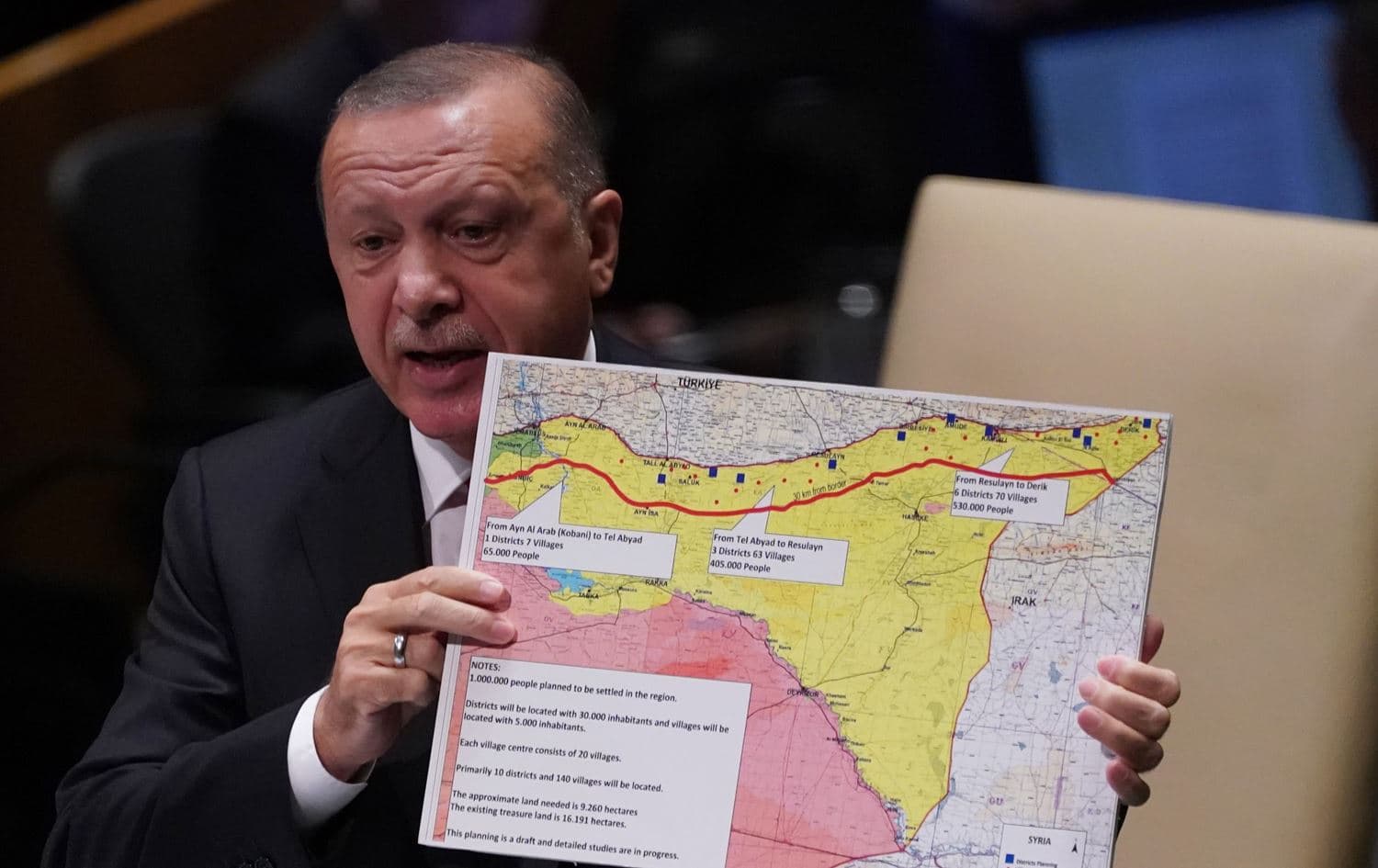 Turkish President Recep Tayyip Erdogan holds up a map of his proposed northern Syria safe zone as he speaks during the 74th Session of the United Nations General Assembly at UN Headquarters in New York, September 24, 2019. Photo: Timothy A. Clary/AFP