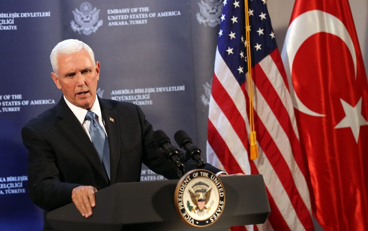 US Vice President Mike Pence attends a press conference after a meeting with the Turkish President in Ankara, Turkey, October 17, 2019. Photo: Adem Altan / AFP