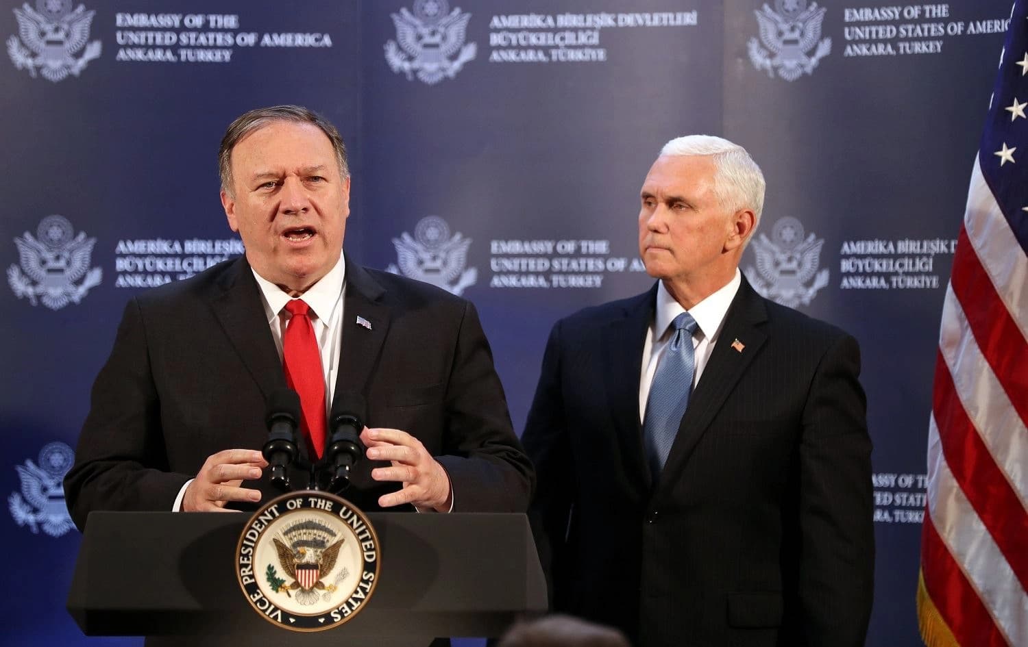  US Vice President Mike Pence and US Secretary of State Mike Pompeo attend a press conference after a meeting with Turkish President, in Ankara, Turkey, on October 17, 2019. Photo: Adem Altan/AFP