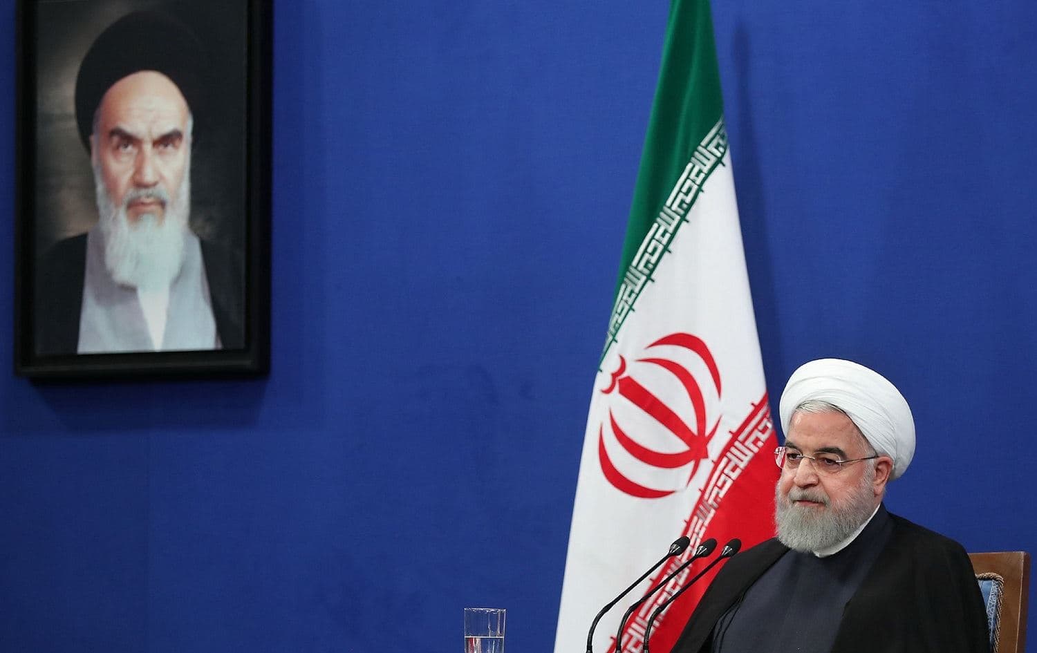 Iranian President Hassan Rouhani gives a press conference in Tehran on October 14, 2019 in front of a portrait of Ayatollah Ruhollah Khomeini. Photo: handout/Iranian Presidency/AFP