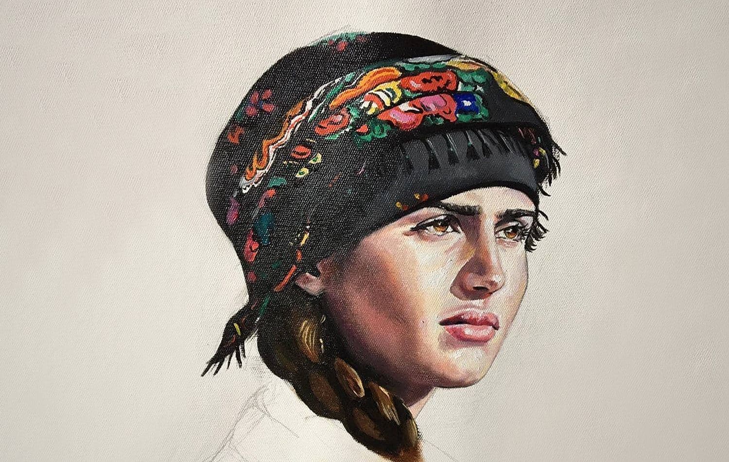French artist Elisabete Cargnello's portrait of Asia Ramazan Anter in progress. Photo via the artist