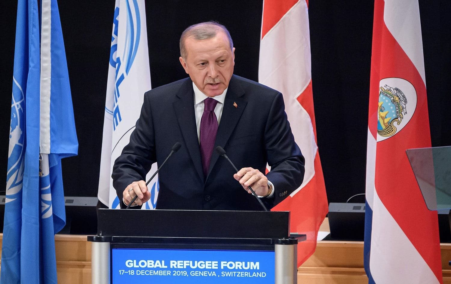 Turkey's President Recep Tayyip Erdogan delivers a speech during the opening of the Global Refugee Forum, on December 17, 2019 in Geneva. Photo: Fabrice Coffrini/AFP