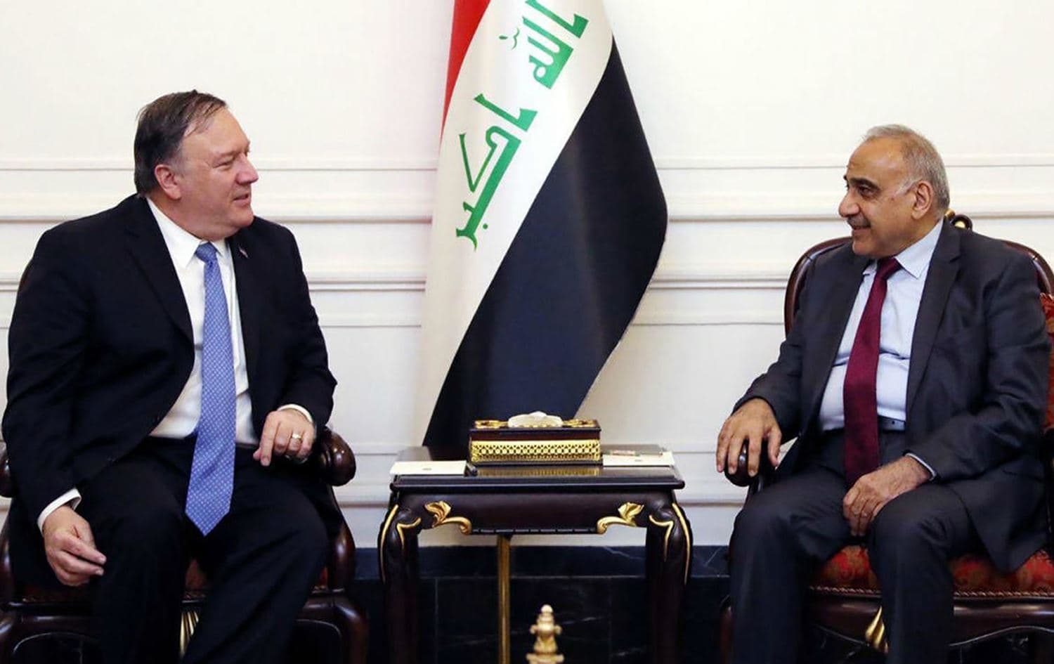 A handout picture released on May 8, 2019 shows Iraqi Prime Minister Adel Abdul Mahdi (R) meeting with US Secretary of State Mike Pompeo in Baghdad. Photo: Iraqi Prime Minister’s Press Office/AFP