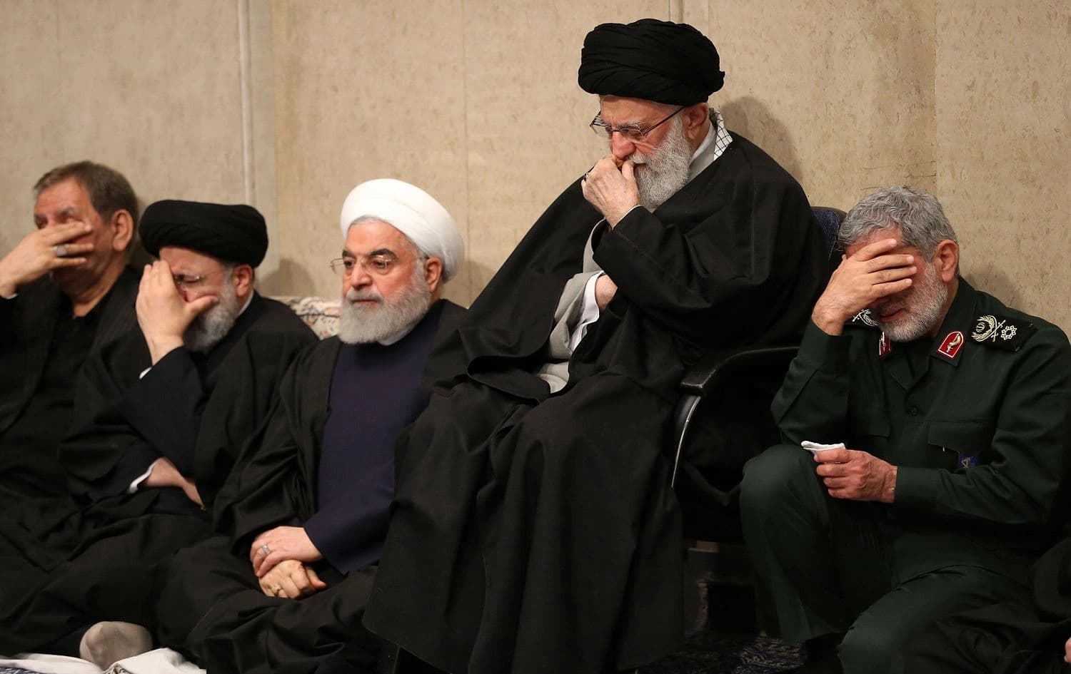 Iran's Supreme Leader Ayatollah Ali Khameini, President Hassan Rouhani and Quds Commander Esmail Qaani during a mourning ceremony for Qasem Soleimani on January 9, 2020. Photo: AFP/HO/LEADER.IR