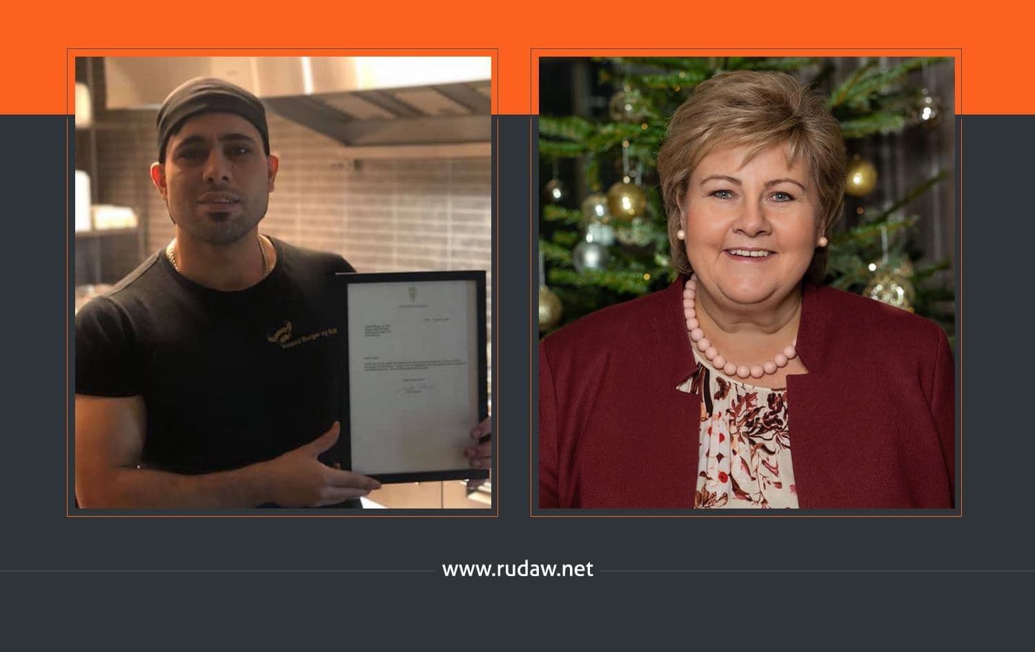 Kurdish restaurant Hazhar Rahim (left) received an unexpected visit to his restaurant from Norwegian prime minister Erna Solberg on January 7, 2020. Photo: Rudaw