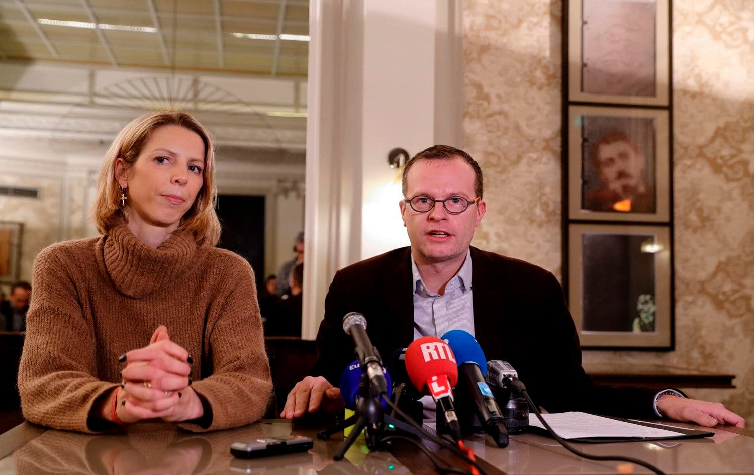 Jeanne Der Agopian, press relations officer, and Benjamin Blanchard, directer general of the French charity, SOS Chretiens d'Orient give a press conference in Paris. Photo: Thomas Samson/AFP