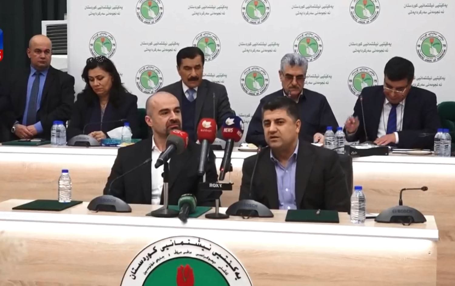Bafel Talabani (left) and Lahur Sheikh Jangi give a press conference in Sulaimani, February 18, 2020. Photo: PUK media 
