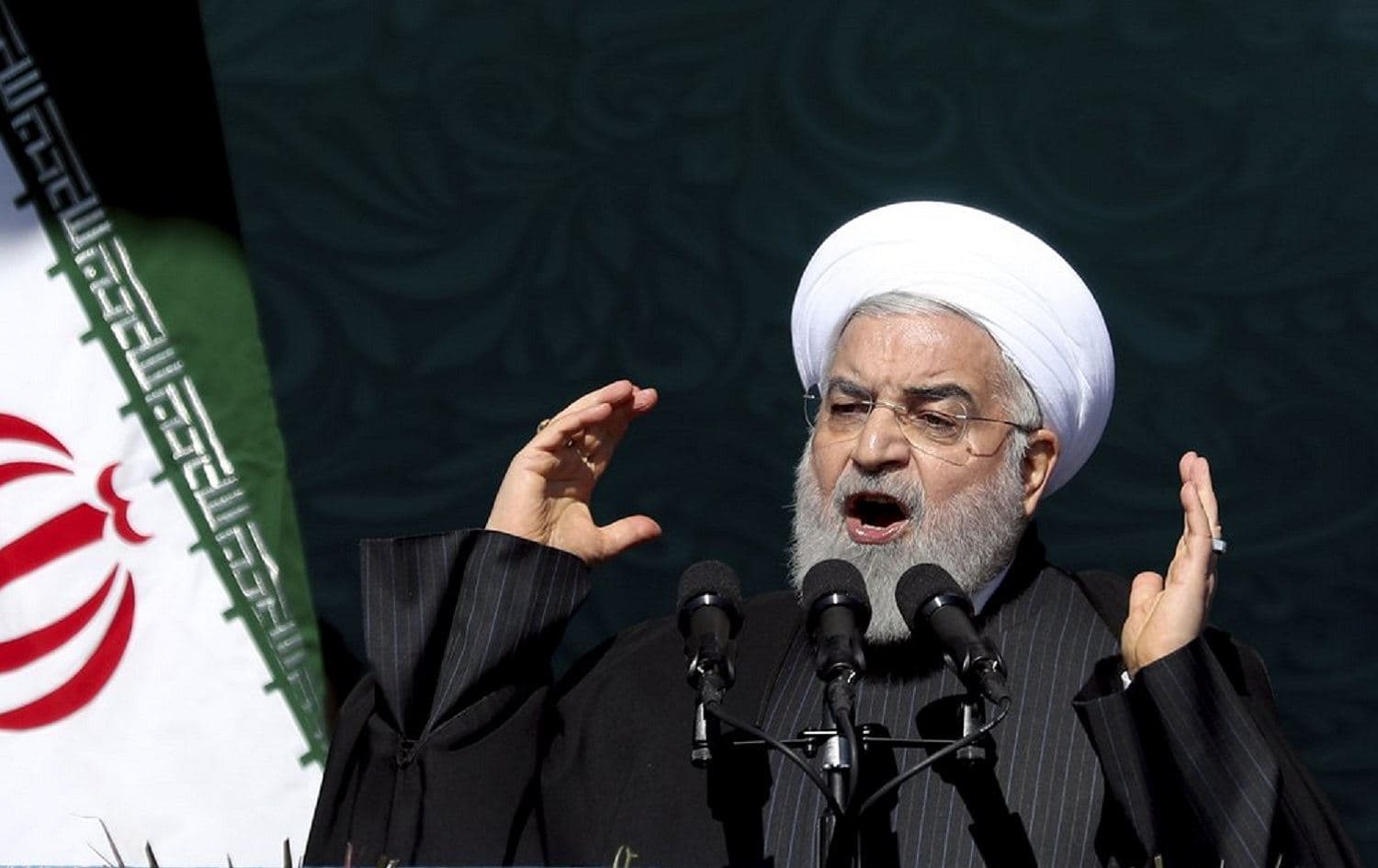   Iranian President Hassan Rouhani speaks during a ceremony celebrating the 41st anniversary of the Islamic Revolution at Tehran's Azadi Square on February 11, 2020. Photo: Ebrahim Noroozi / AP