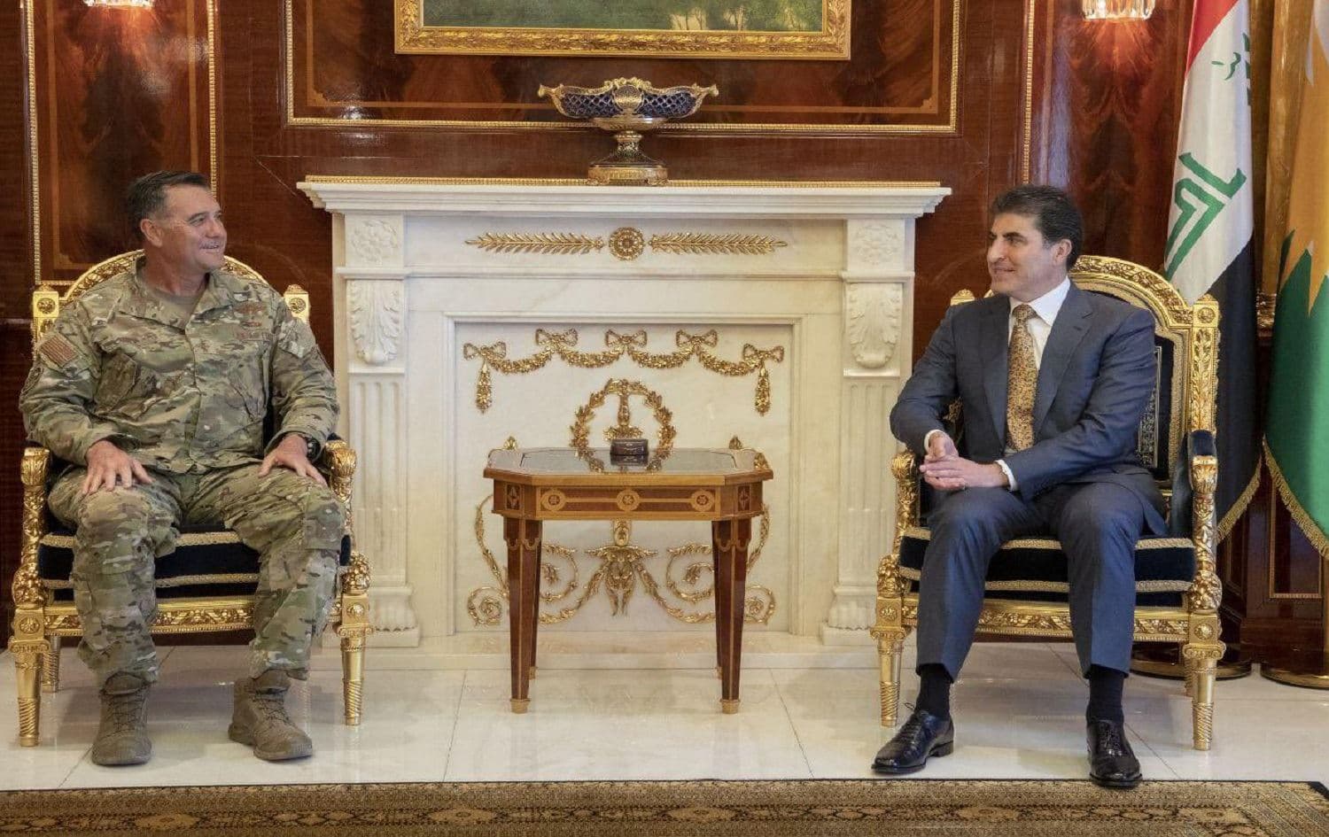 Maj. Gen. Eric T. Hill (left) and President of the Kurdistan Region Nechirvan Barzani meet in Erbil on May 30, 2020. Photo via Kurdistan Region Presidency on Twitter