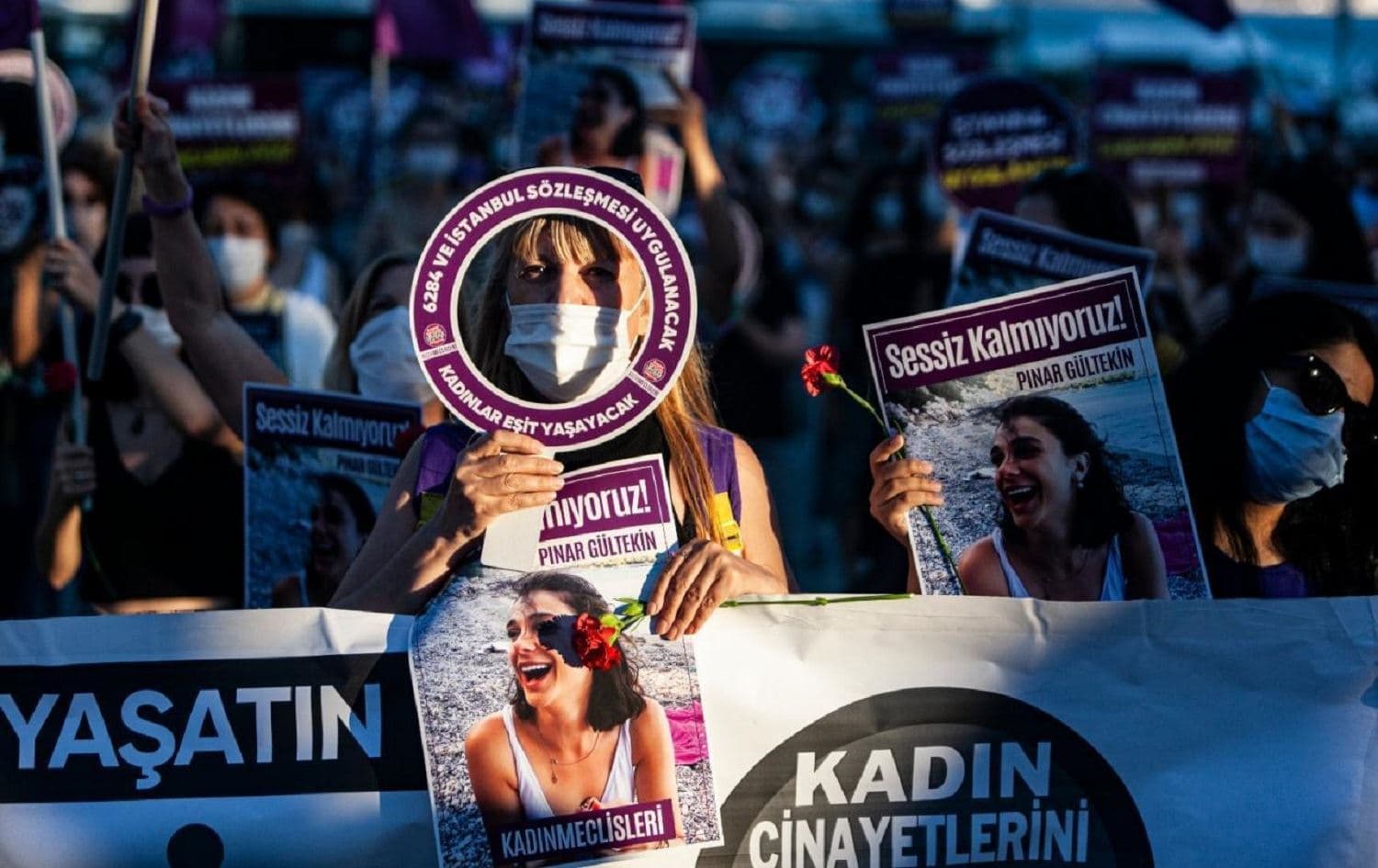 Demonstrators hold images of murdered Pinar Gultekin at a protest condemning violence against women in Turkey. Photo: We Will Stop Crimes Against Women Platform (@KadinCinayeti)/Twitter