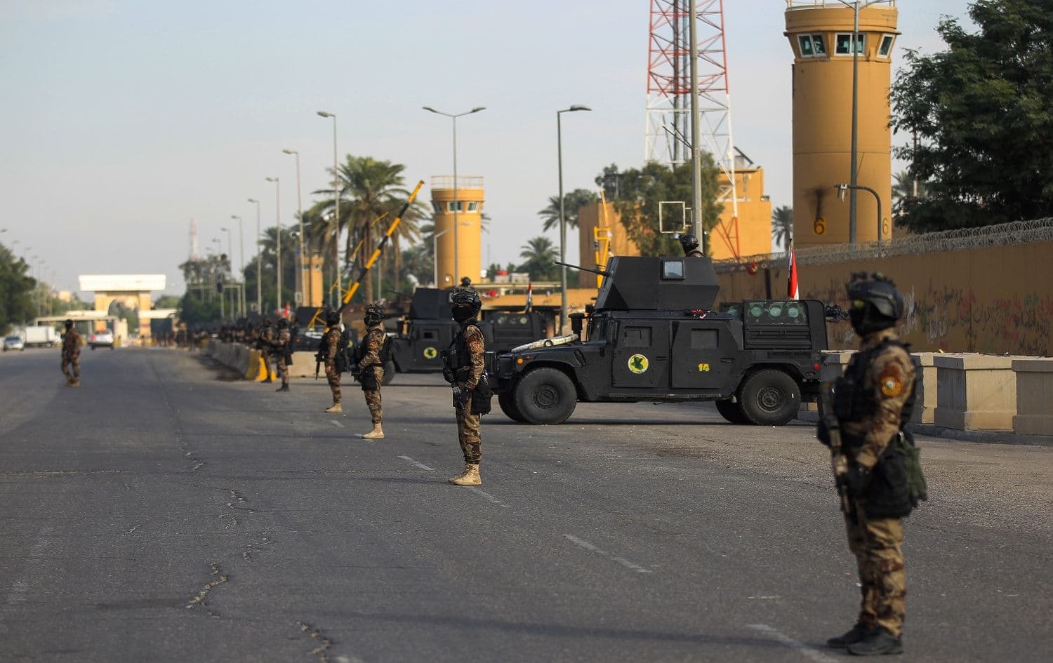 In this file photo taken on January 02, 2020 Iraqi counter-terrorism forces stand guard in front of the US embassy in the capital Baghdad after hundreds of men stormed the high-security Green Zone and besieged the US compound. Photo: Ahmad al-Rubaye / AFP