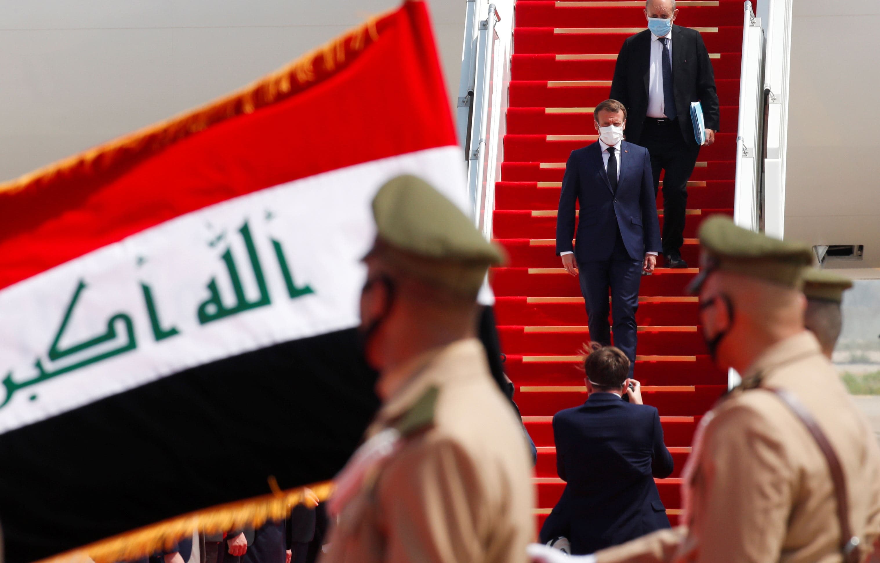 President of France Emmanuel Macron and his delegation arrive in Baghdad. Photo: Gonzalo Fuentes / AFP