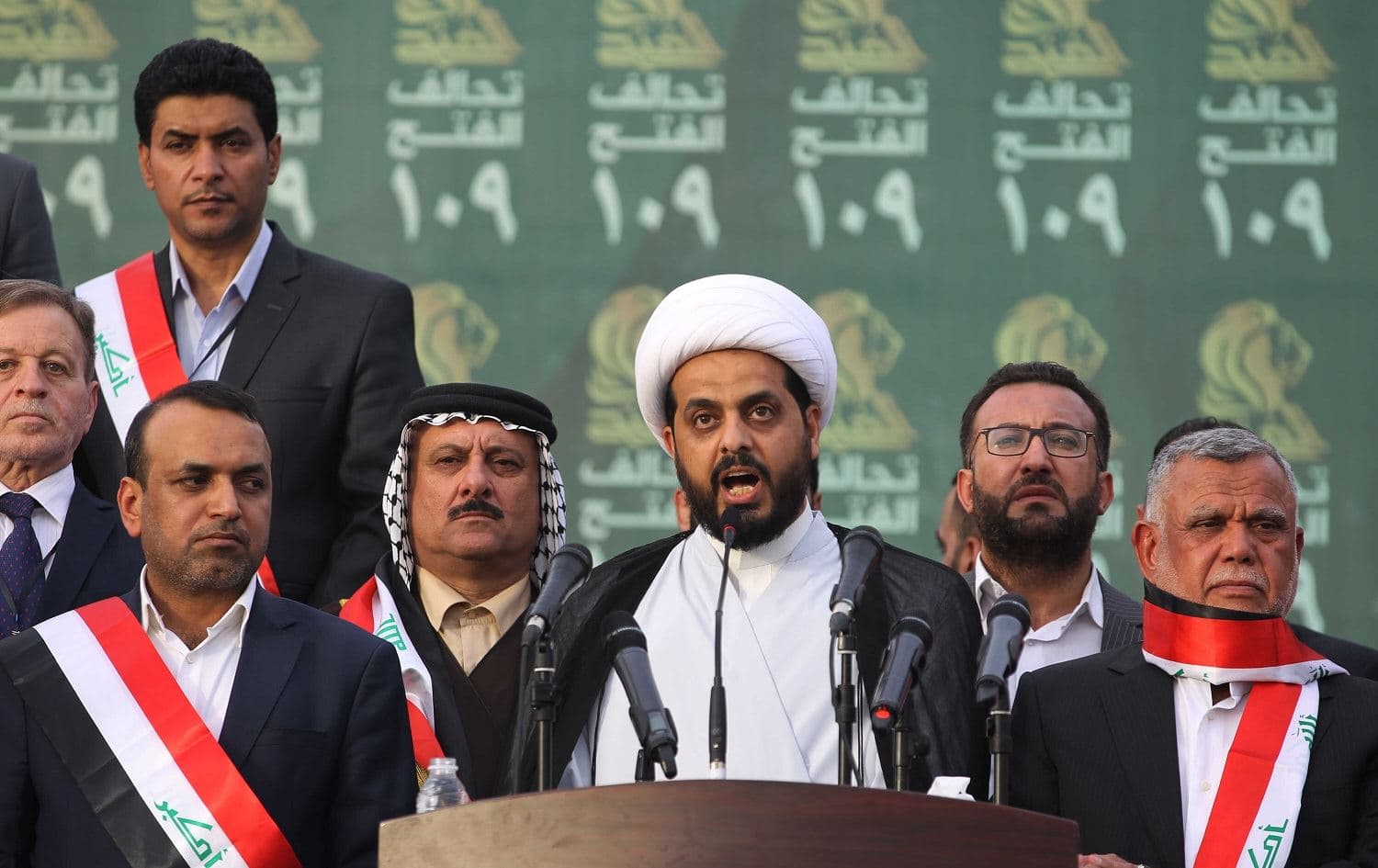 Asaib Ahl Al-Haq leader Qais al-Khazali gives a speech during campaigning for Iraq’s 2018 elections. File photo: AFP