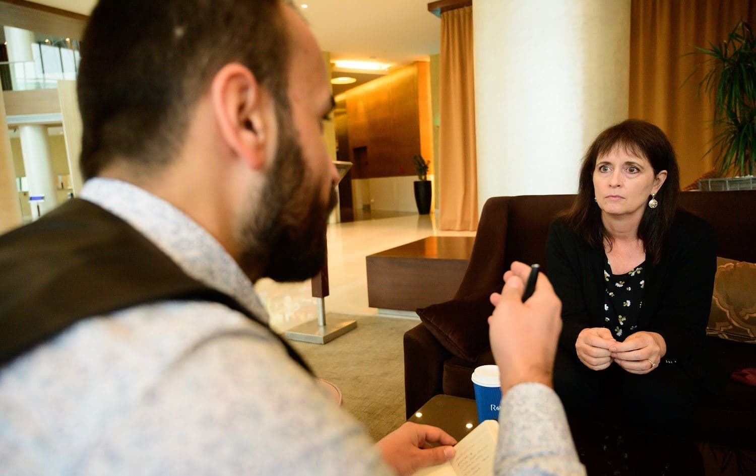 Nadine Maenza, United States commissioner for religious freedom, speaks with Rudaw’s Karwan Faidhi Dri at Erbil’s Rotana Hotel on November 21, 2020. Photo: Bilind T. Abdullah/Rudaw